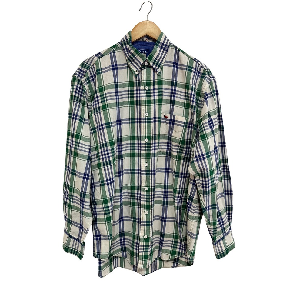 Texas Cotton Vintage 90s Plaid Button Down Shirt Mens M/L Made USA Western
